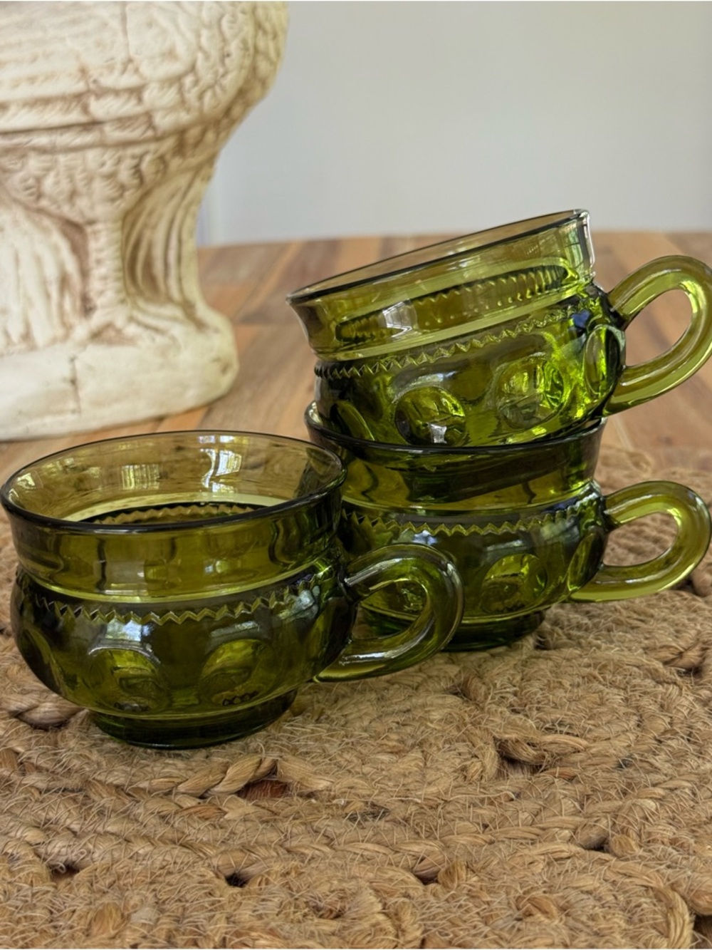 Vintage Indiana Glass Kings Thumbprint Cups Avocado Green Set of 3